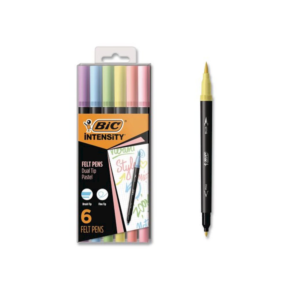 Intensity Fineliner Dual Tip Felt Pen, Stick, Fine 0.7 mm Bullet, Variable Brush, Assorted Pastel Ink/Barrel Colors, 6/Pack. Picture 1
