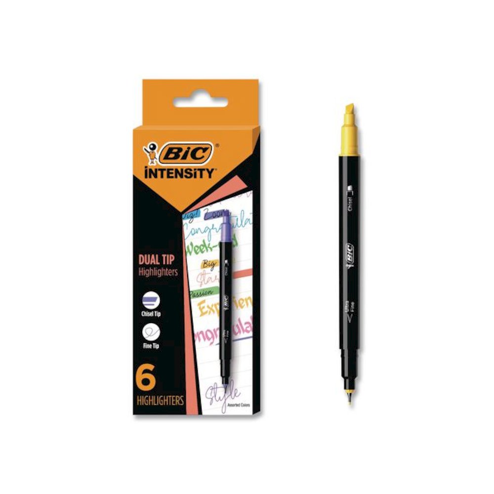 Intensity Dual-Tip Highlighters, Assorted Ink Colors, Chisel/Needle Tips, Black Barrel, 6/Pack. Picture 1