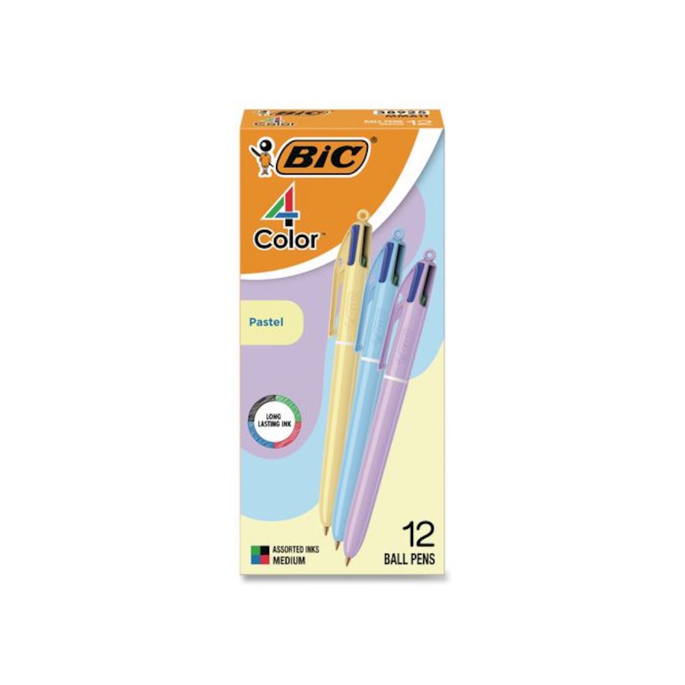 4-Color Multi-Color Ballpoint Pen, Retractable, Medium 1 mm, Black/Blue/Green/Red Ink, Assorted Pastel Barrel Colors, 12/Box. Picture 1