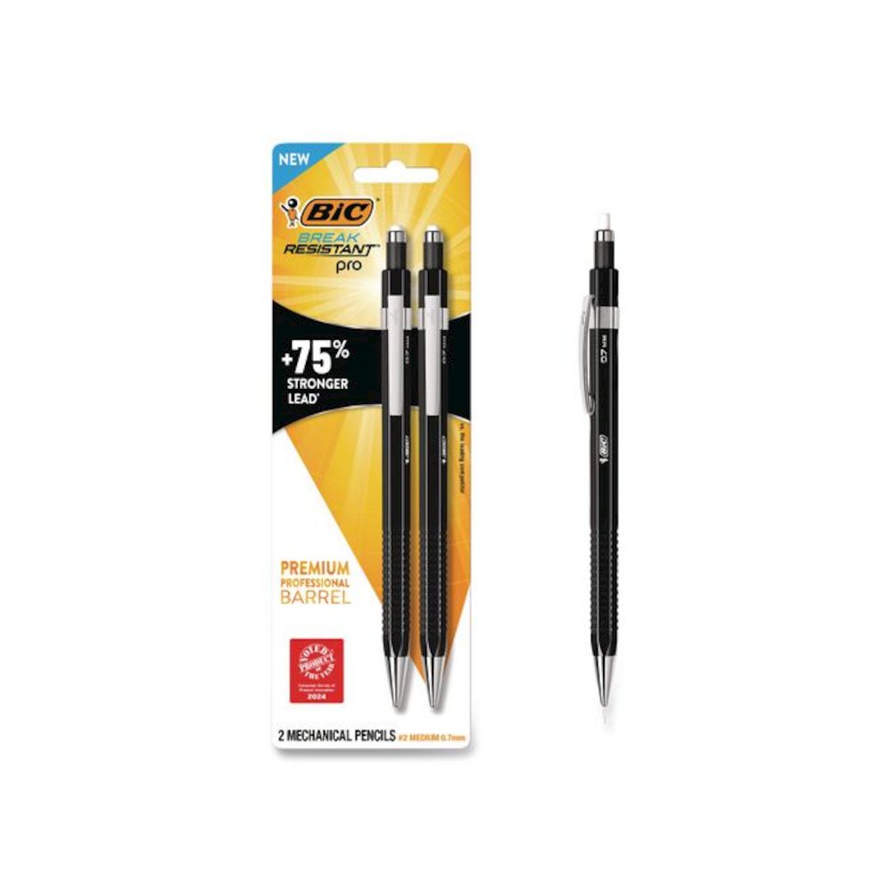 Break Resistant Pro Mechanical Pencils, 0.7 mm, HB (#2), Black Lead, Black Barrel, 2/Pack. Picture 1