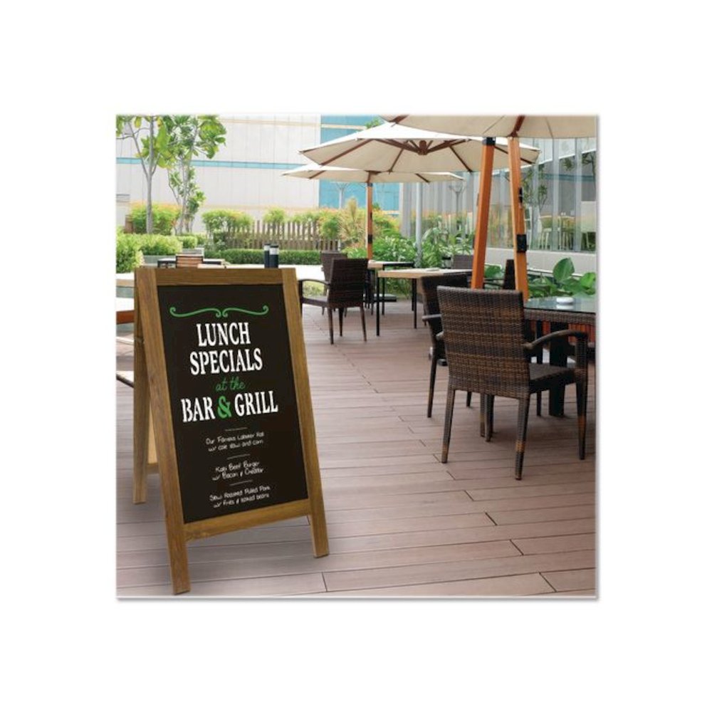 Indoor/Outdoor A-Frame Sidewalk Sign, Black 18 x 29 Surface, Brown Frame, 22 x 25 x 40. Picture 4