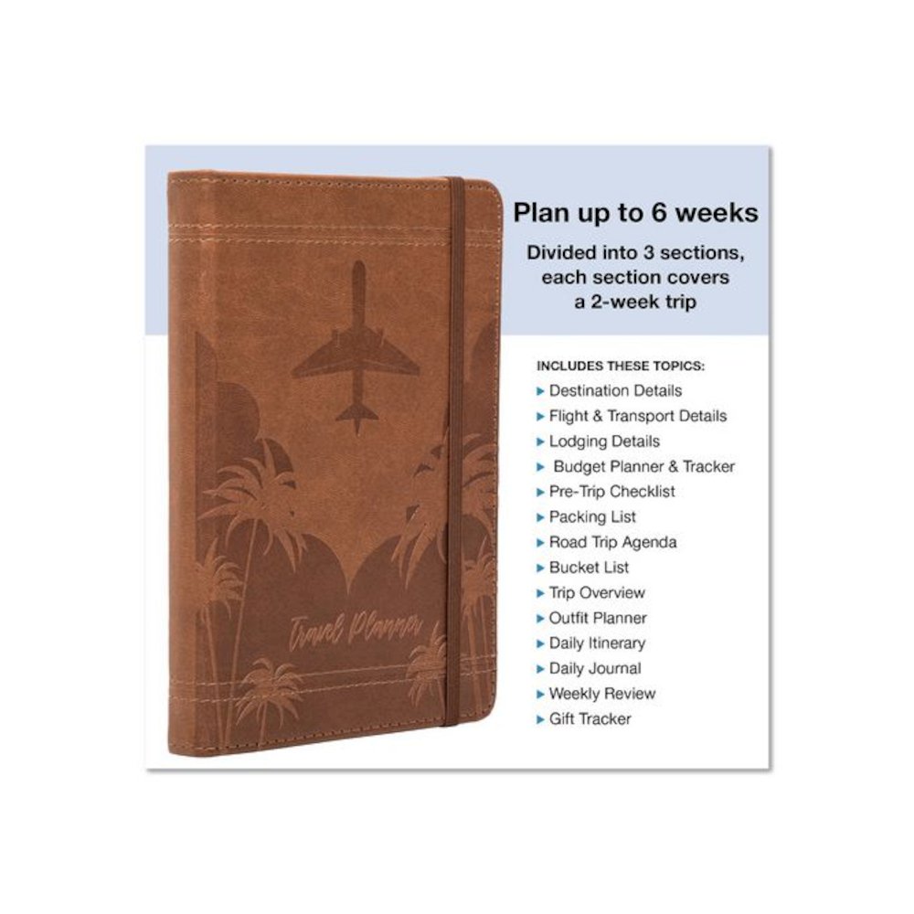Travel Planner, Three Two Week Trips: 14 Subsections/Trip, Tropical Flight Artwork, 7 x 5, Distressed Brown Cover, Undated. Picture 3
