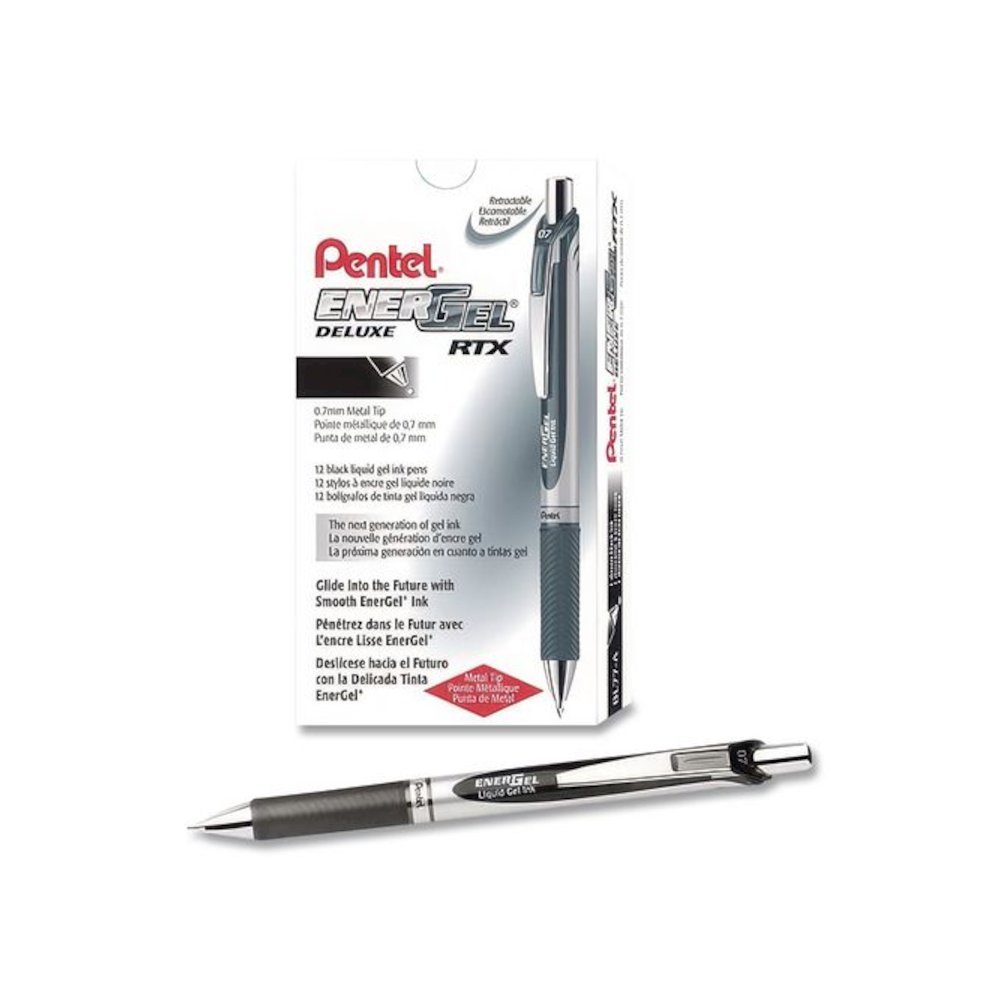 EnerGel RTX Deluxe Gel Pen, Retractable, Medium 0.7 mm, Black Ink, Silver/Black Barrel, Dozen. Picture 1