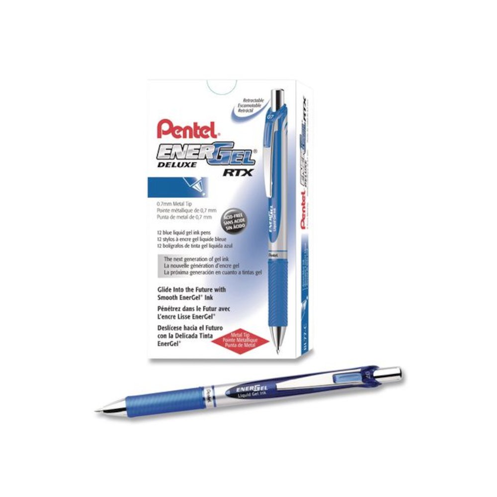 EnerGel RTX Deluxe Gel Pen, Retractable, Medium 0.7 mm, Blue Ink, Silver/Blue Barrel, Dozen. Picture 1