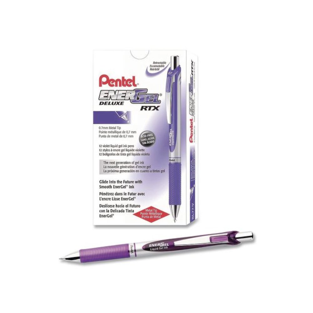 EnerGel RTX Deluxe Gel Pen, Retractable, Medium 0.7 mm, Violet Ink, Silver/Violet Barrel, Dozen. Picture 1
