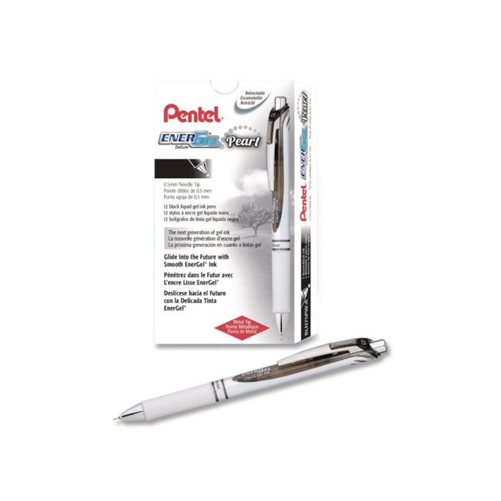 EnerGel Pearl Deluxe RTX Gel Pen, Retractable, Fine 0.5 mm, Black Ink, Pearl White/Black Barrel, Dozen. Picture 1