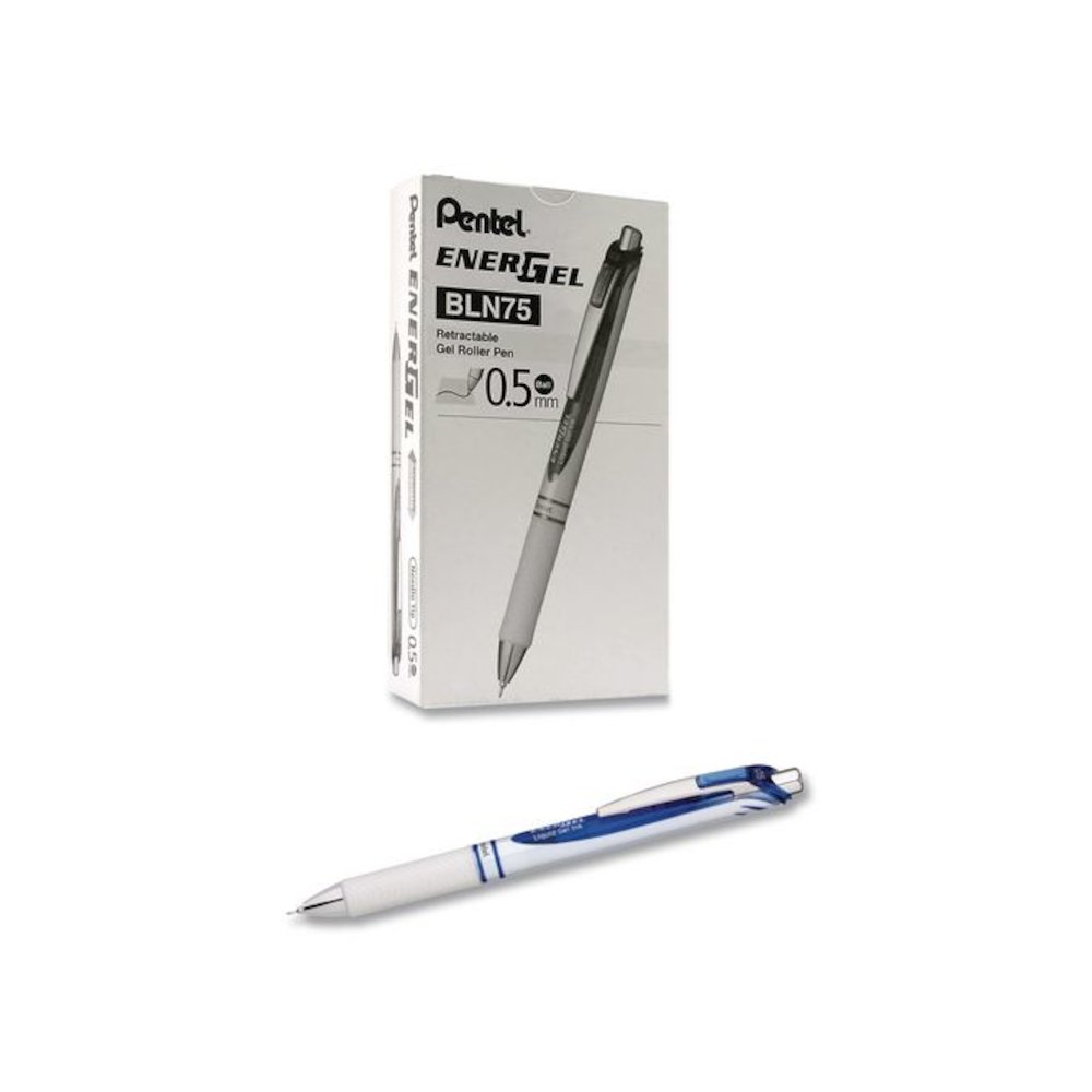 EnerGel Pearl Deluxe RTX Gel Pen, Retractable, Fine 0.5 mm, Blue Ink, Pearl White/Black Barrel, Dozen. Picture 1