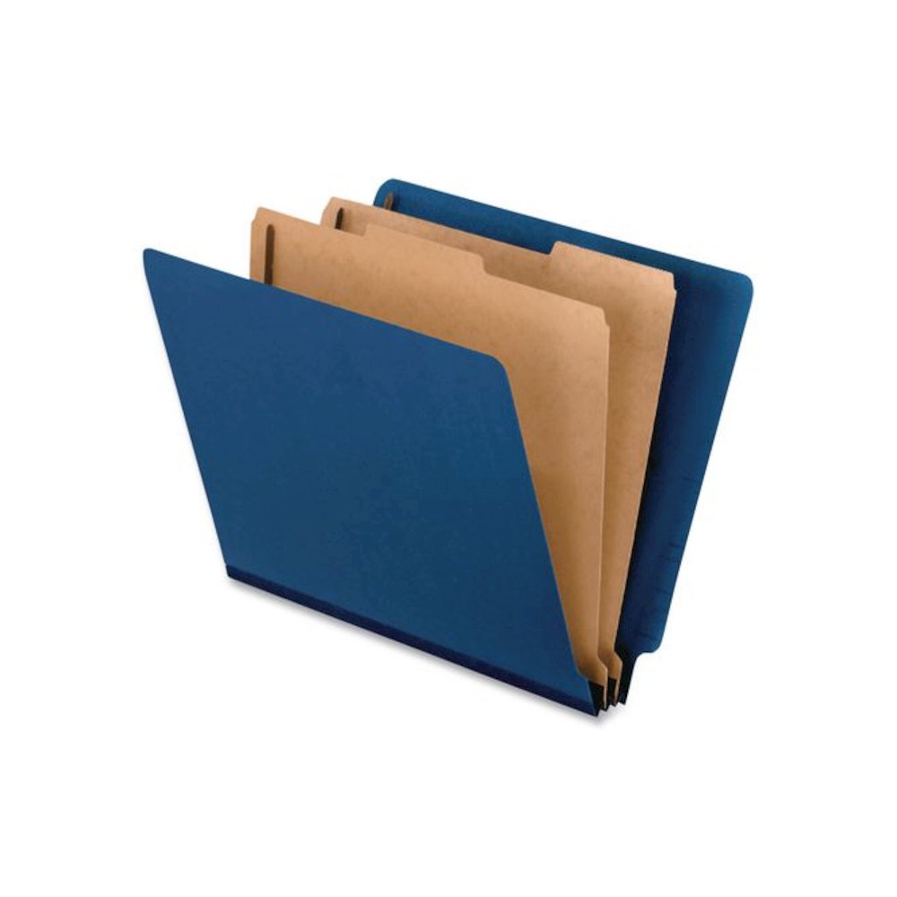 Colored End Tab Classification Folders, Straight Tab, 2 Dividers, 6 Fasteners, Letter Size, Blue, 10/Box. Picture 1