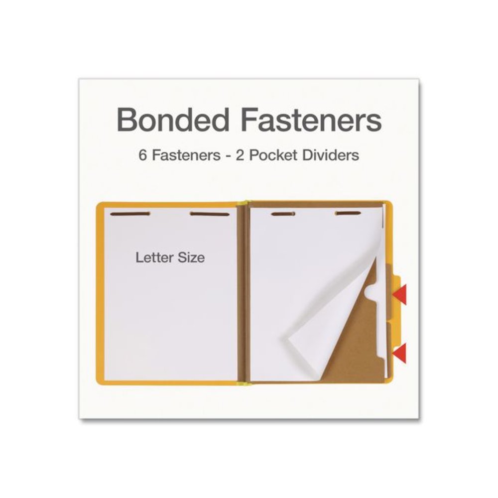 Heavy-Duty Pressboard Classification Folder, Expands 2", 2 Full-Pocket Dividers, 6 Fasteners, Letter Size, Yellow, 10/Box. Picture 3