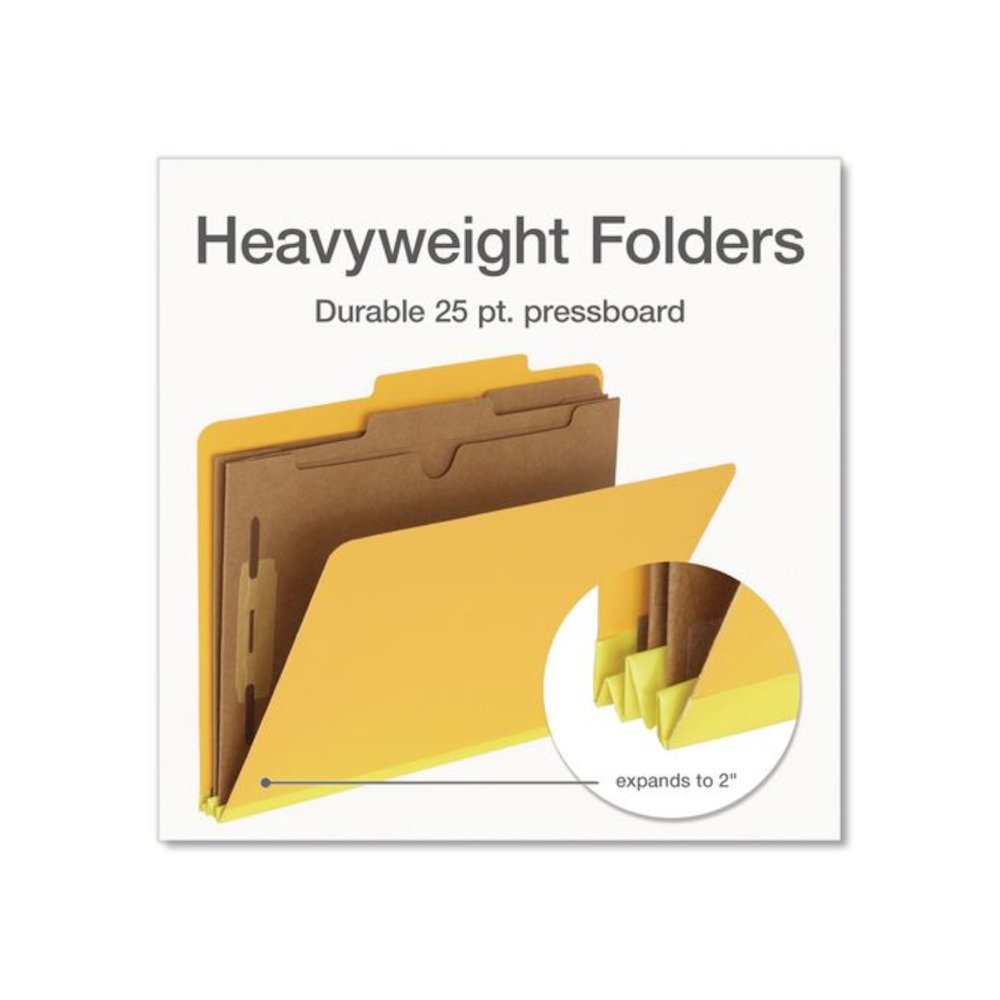 Heavy-Duty Pressboard Classification Folder, Expands 2", 2 Full-Pocket Dividers, 6 Fasteners, Letter Size, Yellow, 10/Box. Picture 4