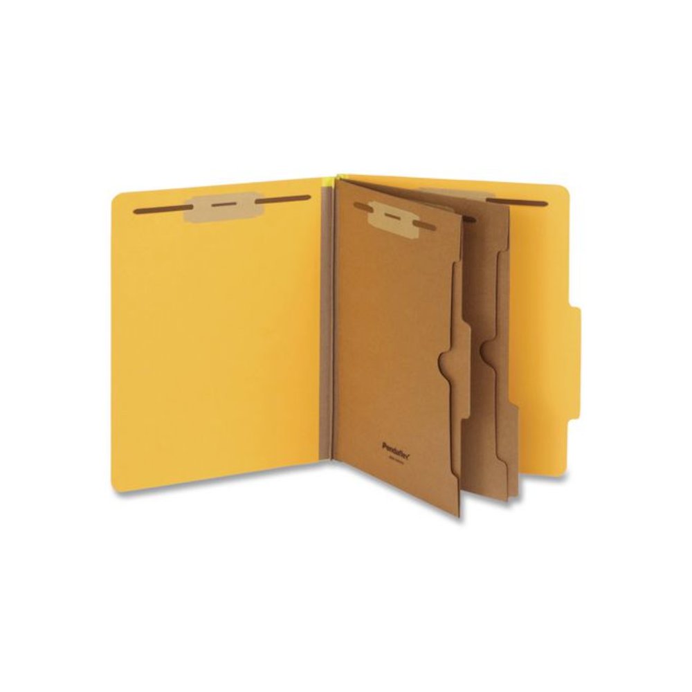 Heavy-Duty Pressboard Classification Folder, Expands 2", 2 Full-Pocket Dividers, 6 Fasteners, Letter Size, Yellow, 10/Box. Picture 1