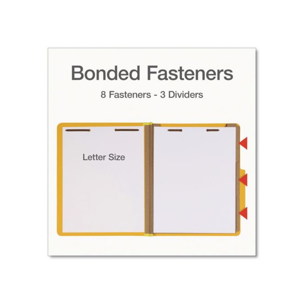 Heavy-Duty Pressboard Classification Folder, 2/5-Cut Tab, Expands 3", 3 Dividers, 8 Fasteners, Letter Size, Yellow, 10/Box. Picture 3