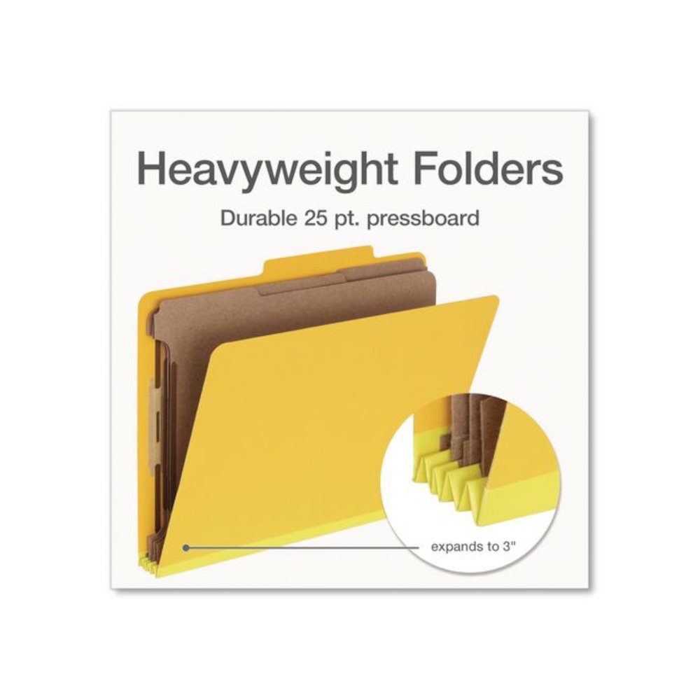Heavy-Duty Pressboard Classification Folder, 2/5-Cut Tab, Expands 3", 3 Dividers, 8 Fasteners, Letter Size, Yellow, 10/Box. Picture 4