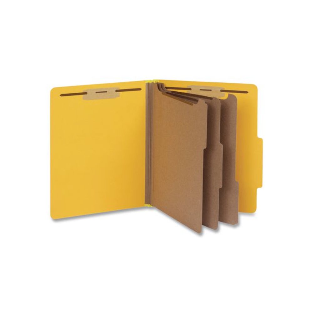 Heavy-Duty Pressboard Classification Folder, 2/5-Cut Tab, Expands 3", 3 Dividers, 8 Fasteners, Letter Size, Yellow, 10/Box. Picture 1