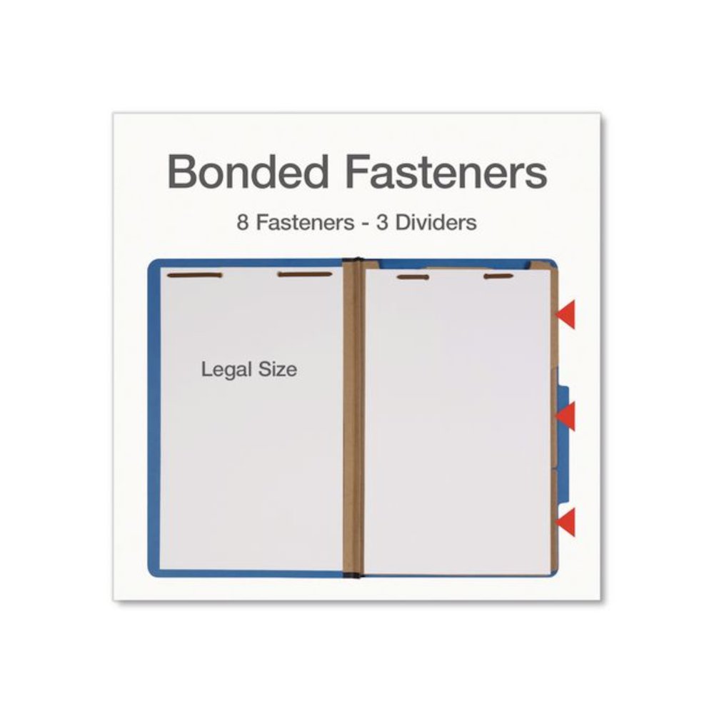 Heavy-Duty Pressboard Classification Folder, 2/5-Cut Tab: Right, Expands 3", 3 Dividers, 8 Fasteners, Legal Size, Blue, 10/BX. Picture 3