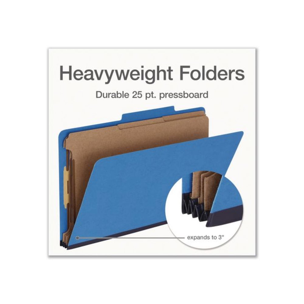 Heavy-Duty Pressboard Classification Folder, 2/5-Cut Tab: Right, Expands 3", 3 Dividers, 8 Fasteners, Legal Size, Blue, 10/BX. Picture 4