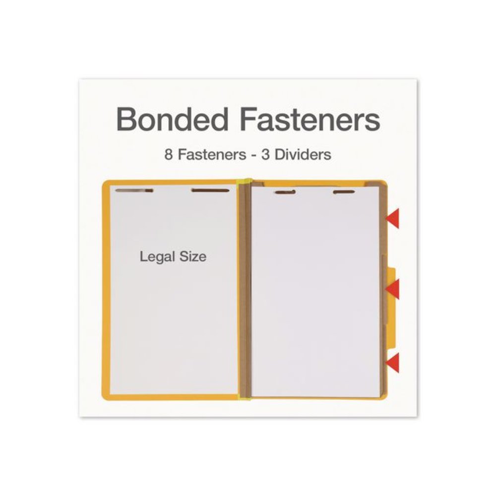 Heavy-Duty Pressboard Classification Folder, 2/5-Cut Tab, Expands 3", 3 Dividers, 8 Fasteners, Legal Size, Yellow, 10/Box. Picture 3