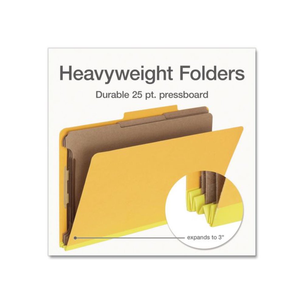 Heavy-Duty Pressboard Classification Folder, 2/5-Cut Tab, Expands 3", 3 Dividers, 8 Fasteners, Legal Size, Yellow, 10/Box. Picture 4