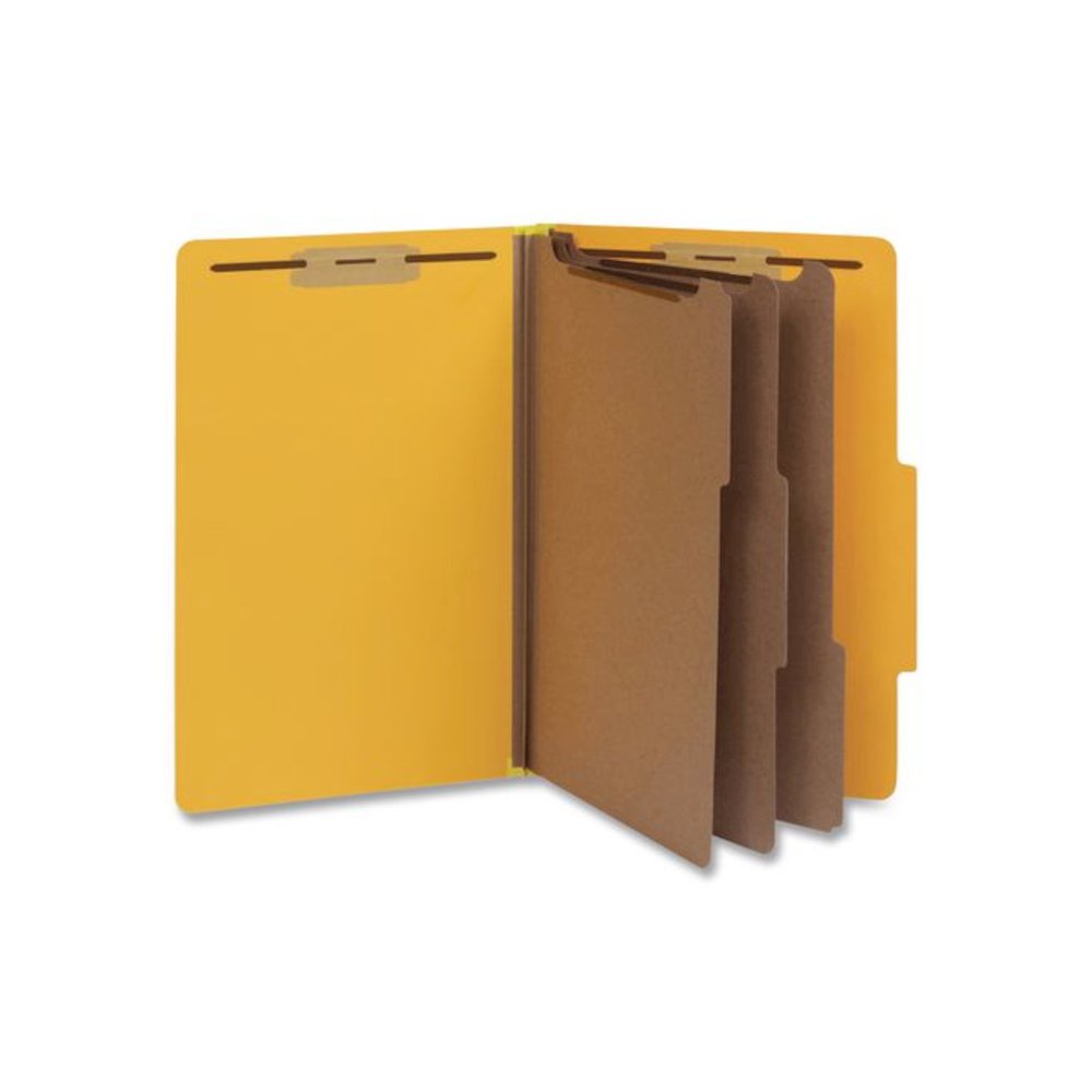 Heavy-Duty Pressboard Classification Folder, 2/5-Cut Tab, Expands 3", 3 Dividers, 8 Fasteners, Legal Size, Yellow, 10/Box. Picture 1