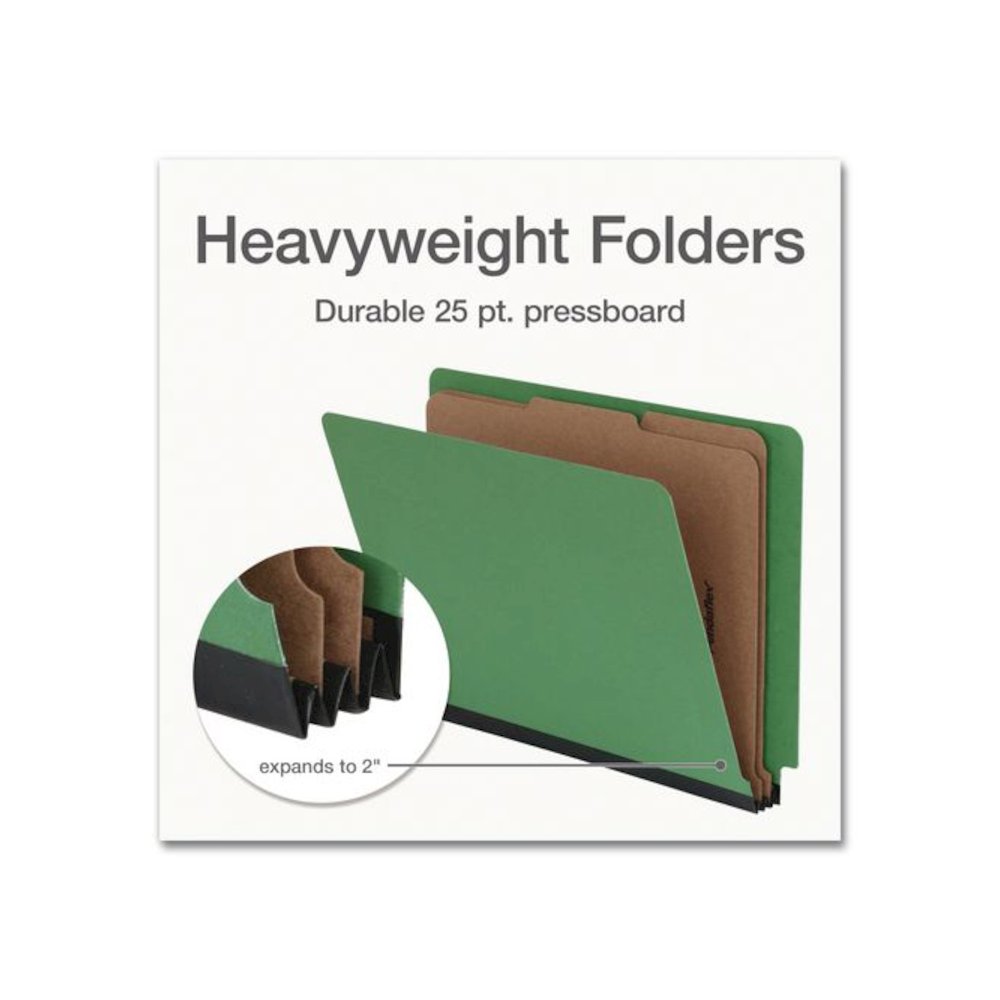 Heavy-Duty Pressboard End Tab Classification Folders, Expands 2", 2 Dividers, 6 Fasteners, Letter Size, Green, 10/Box. Picture 4