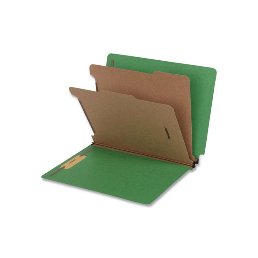 Heavy-Duty Pressboard End Tab Classification Folders, Expands 2", 2 Dividers, 6 Fasteners, Letter Size, Green, 10/Box. Picture 1