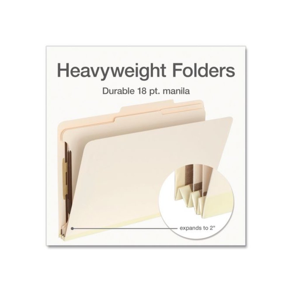 Heavy-Duty Pressboard Classification Folder, 2/5-Cut Tab, Expands 2", 2 Dividers, 6 Fasteners, Legal Size, Manila, 10/Box. Picture 4