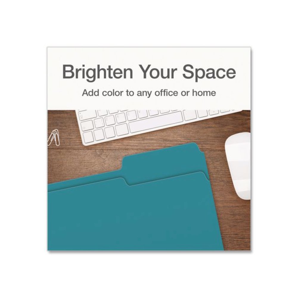 Double-Ply Reinforced Top Tab Colored File Folders, 1/3-Cut Tabs: Assorted, Letter, 0.75" Expansion, Teal, 100/Box. Picture 7