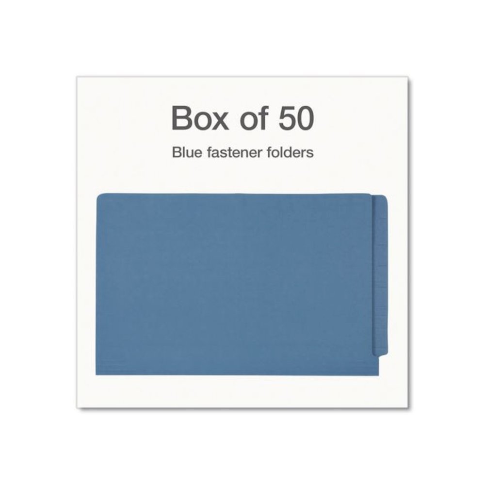 Colored Reinforced End Tab Fastener Folders, Straight Tab, Expands 0.75", 2 Fasteners, Legal Size, Blue, 50/Box. Picture 2