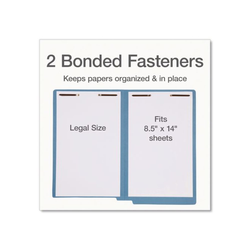 Colored Reinforced End Tab Fastener Folders, Straight Tab, Expands 0.75", 2 Fasteners, Legal Size, Blue, 50/Box. Picture 3