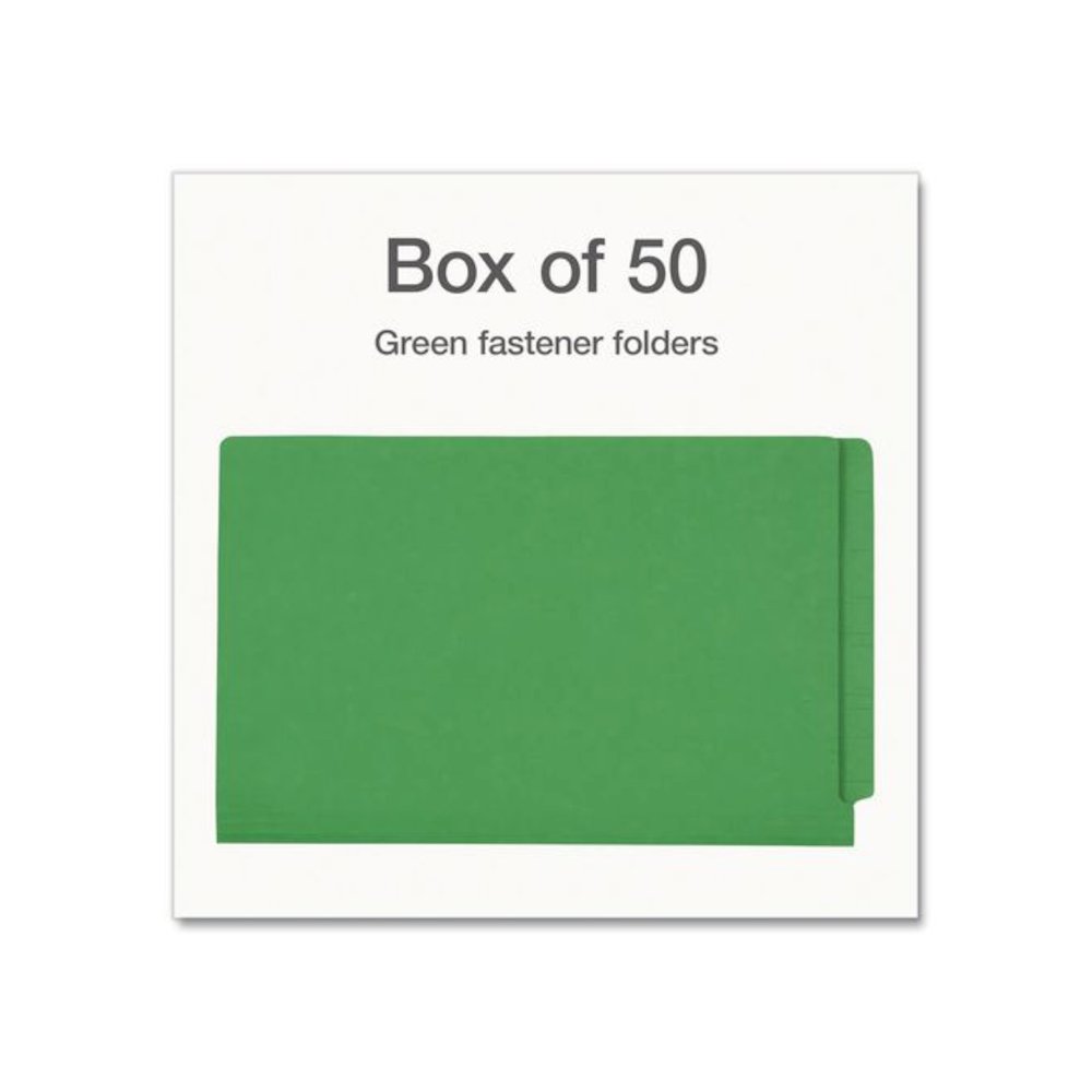 Colored Reinforced End Tab Fastener Folders, Straight Tab, Expands 0.75", 2 Fasteners, Legal Size, Green, 50/Box. Picture 2