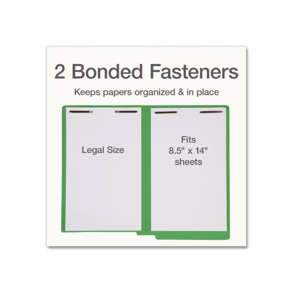 Colored Reinforced End Tab Fastener Folders, Straight Tab, Expands 0.75", 2 Fasteners, Legal Size, Green, 50/Box. Picture 3