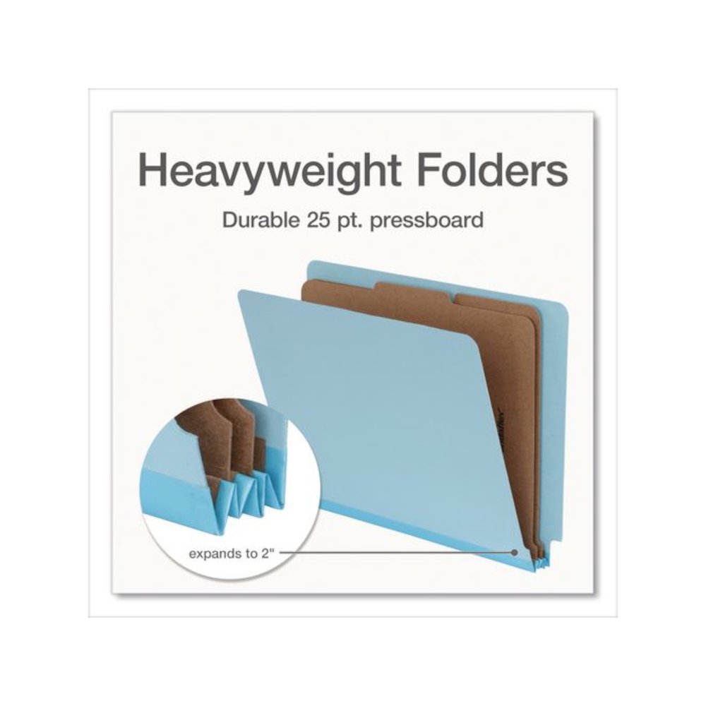 Heavy-Duty Pressboard End Tab Classification Folders, Expands 2", 2 Dividers, 6 Fasteners, Letter Size, Light Blue, 10/Box. Picture 4