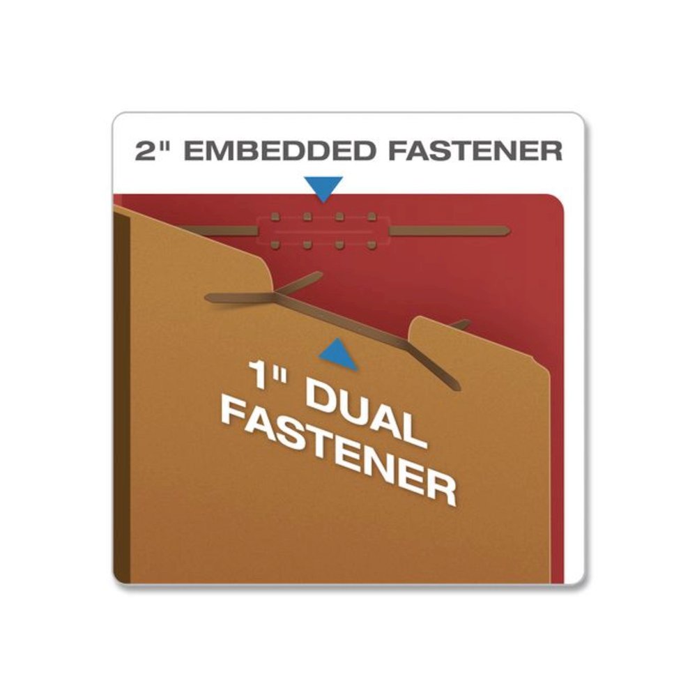 Heavy-Duty Pressboard End Tab Classification Folders, Expands 2.5", 2 Dividers, 6 Fasteners, Letter Size, Red, 10/Box. Picture 5