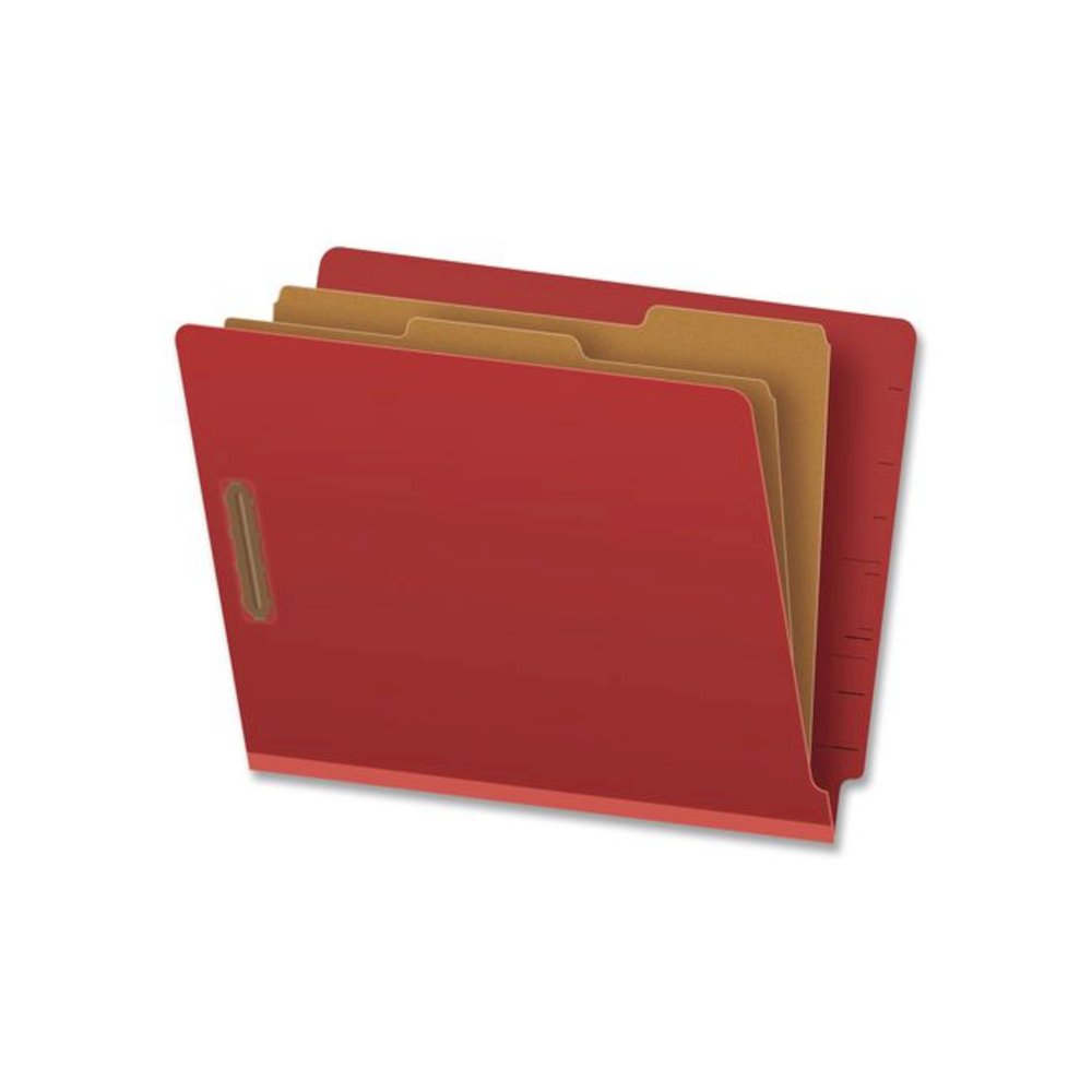 Heavy-Duty Pressboard End Tab Classification Folders, Expands 2.5", 2 Dividers, 6 Fasteners, Letter Size, Red, 10/Box. Picture 1