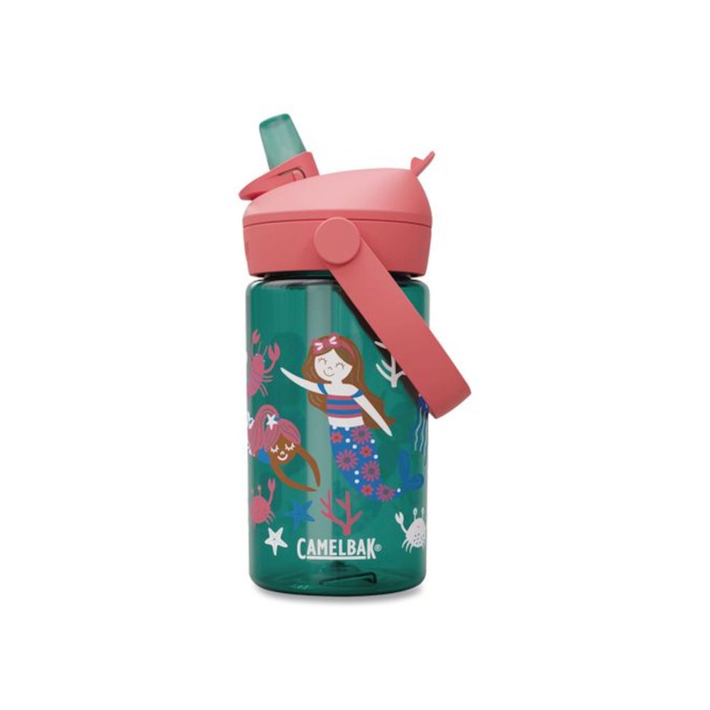 Thrive FlipStraw Plastic Water Bottle, 14 oz, Mermaid Friends Design, Green/Coral. Picture 1