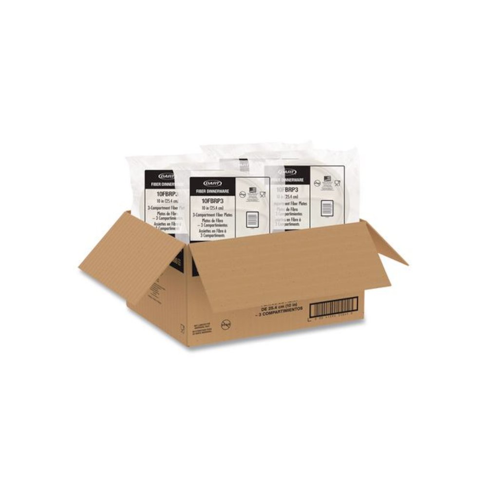 Compostable Molded Fiber Dinnerware, ProPlanet Seal, 3-Compartment Plate, 10.2" dia, Natural, 500/Carton. Picture 4