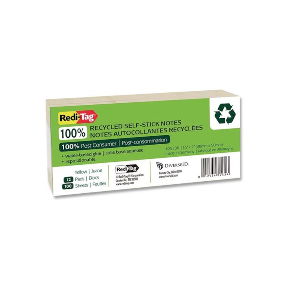 100% Recycled Self-Stick Notes, 1.5" x 2", Yellow, 100 Sheets/Pad, 12 Pads/Pack. Picture 2