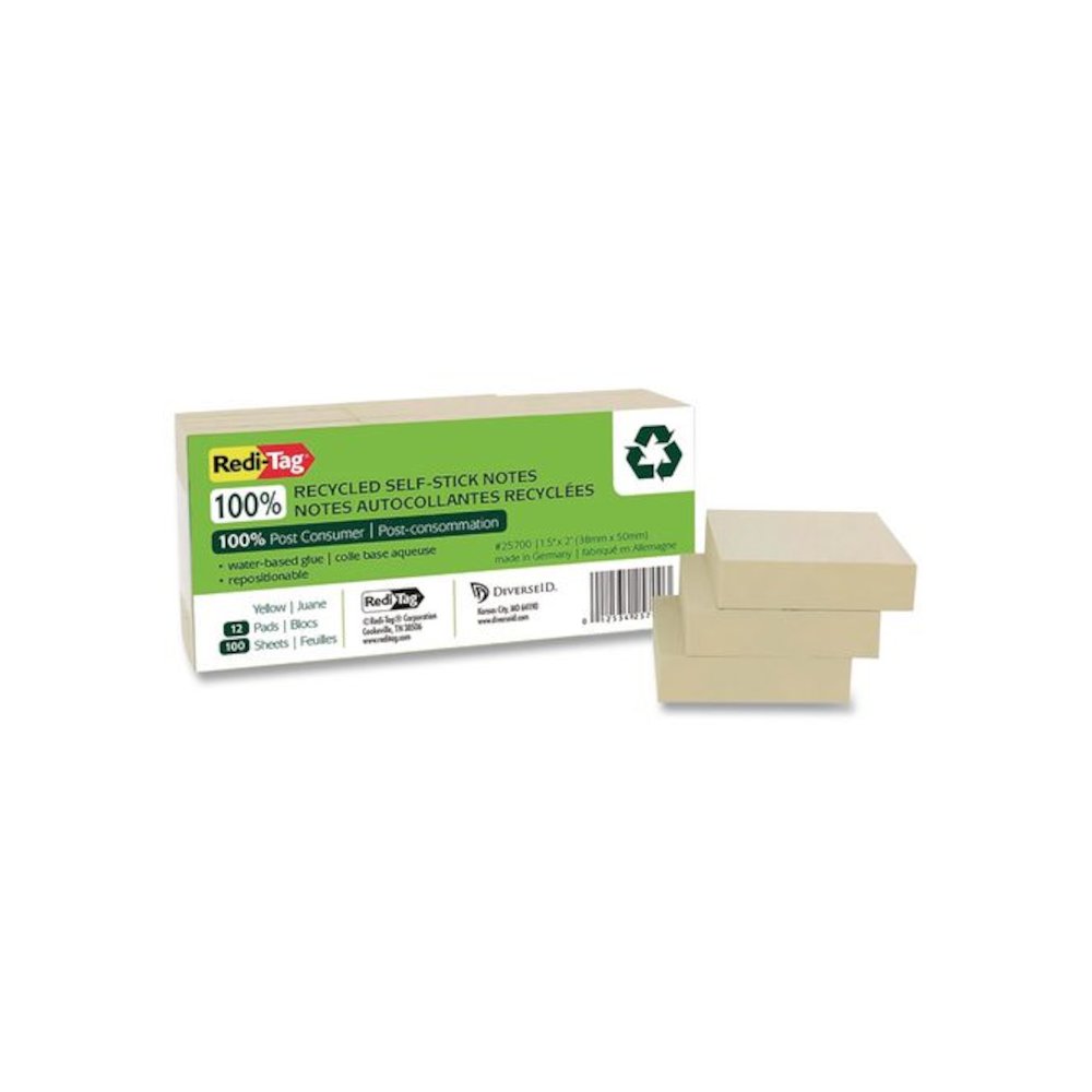 100% Recycled Self-Stick Notes, 1.5" x 2", Yellow, 100 Sheets/Pad, 12 Pads/Pack. Picture 1