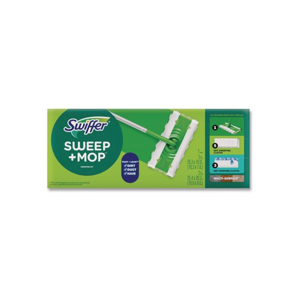 Sweep and Mop 2-in-1 Dry + Wet Floor Mopping and Sweeping Kit, 12.4 x 2.95 Mop Head, Silver Plastic Handle. Picture 1