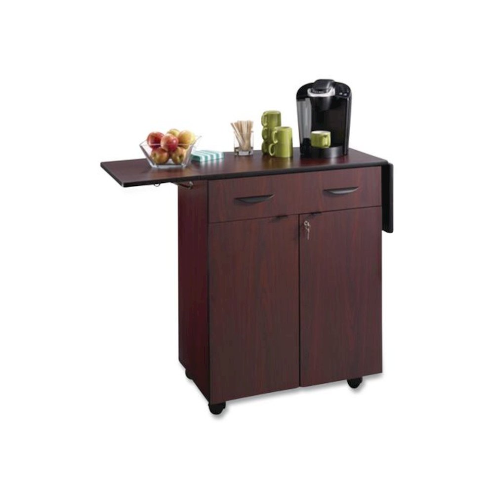 Hospitality Cart with Drop Leaves, Engineered Wood, 3 Shelves, 1 Drawer, 32.5" to 56.25" x 20.5" x 38.75", Mahogany. Picture 2
