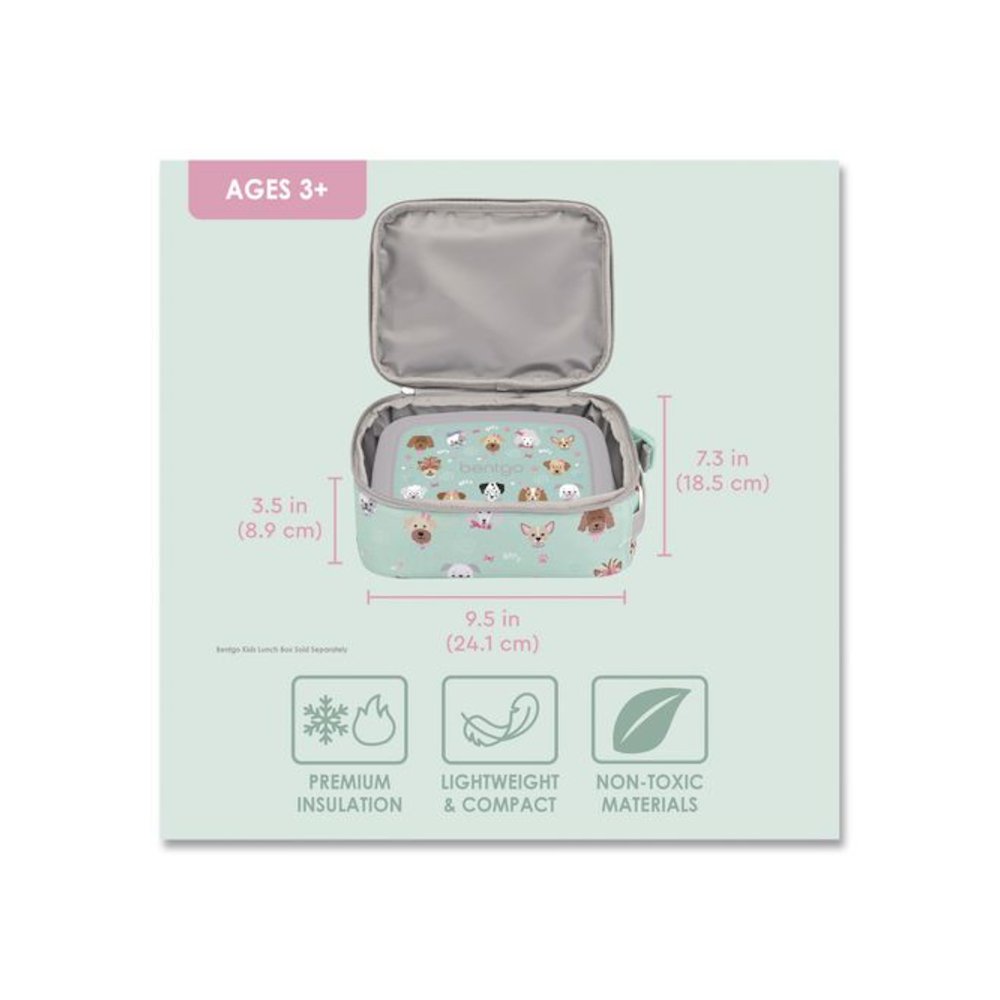 Kids Insulated Lunch Tote, Puppy Love Theme, 7.3" x 3.5" x 9.5", Mint Green/Multicolor. Picture 3