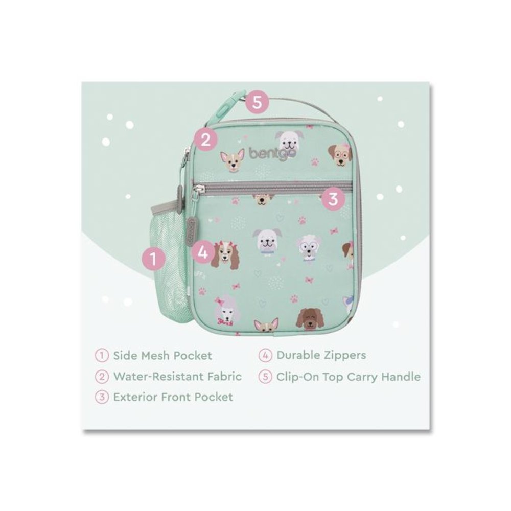 Kids Insulated Lunch Tote, Puppy Love Theme, 7.3" x 3.5" x 9.5", Mint Green/Multicolor. Picture 6