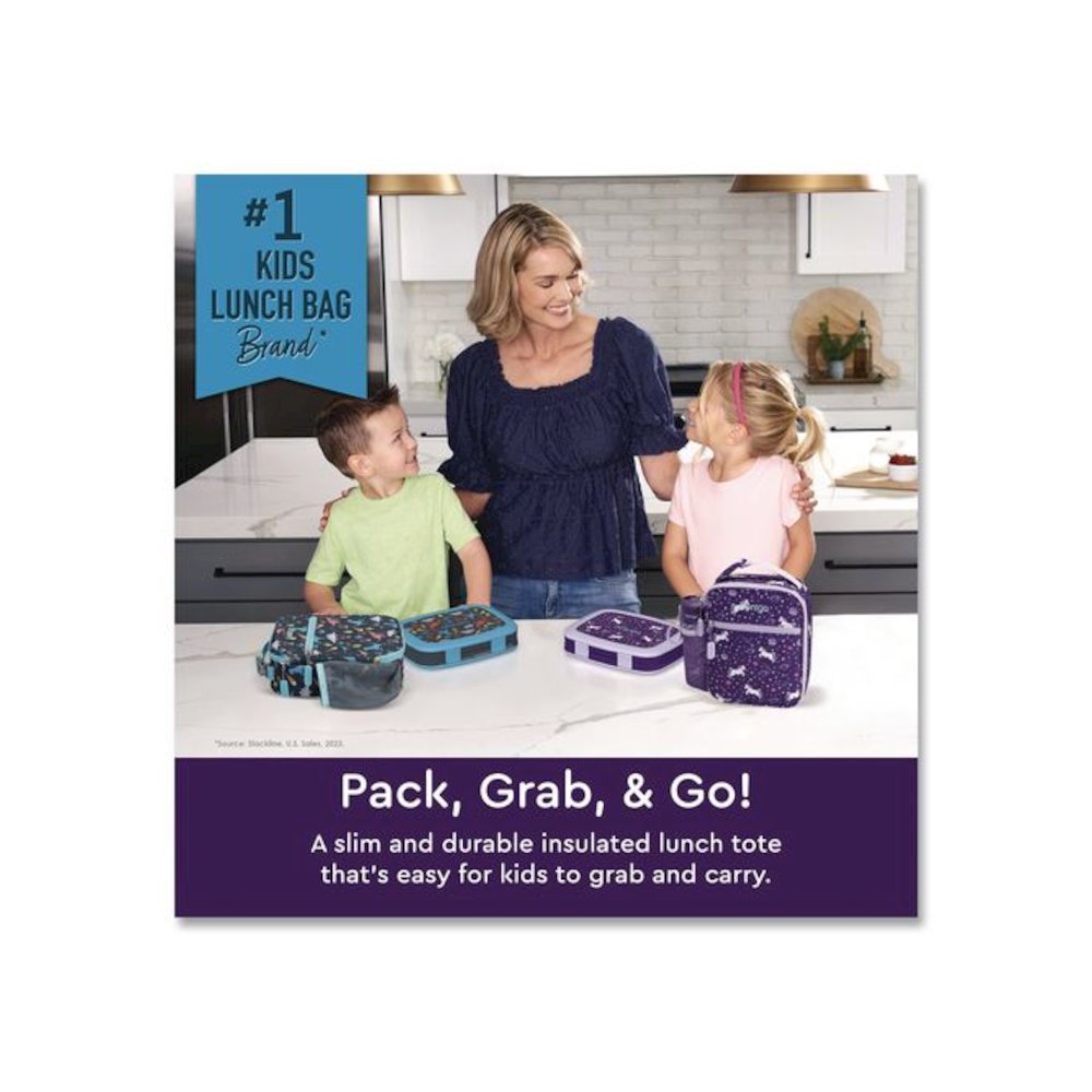 Kids Insulated Lunch Tote, Unicorns Theme, 7.3" x 3.5" x 9.5", Purple/Multicolor. Picture 2