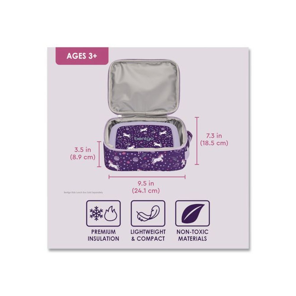 Kids Insulated Lunch Tote, Unicorns Theme, 7.3" x 3.5" x 9.5", Purple/Multicolor. Picture 3