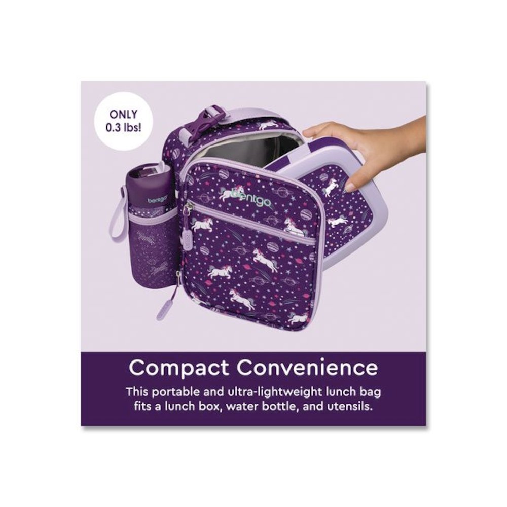 Kids Insulated Lunch Tote, Unicorns Theme, 7.3" x 3.5" x 9.5", Purple/Multicolor. Picture 4