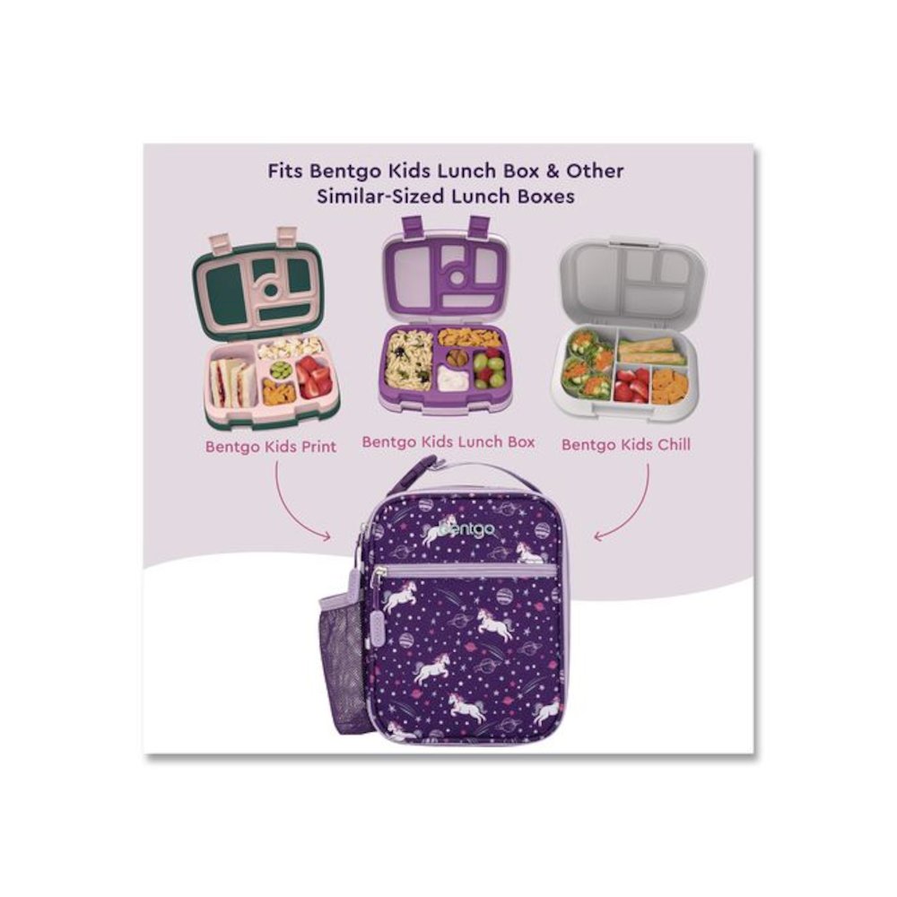 Kids Insulated Lunch Tote, Unicorns Theme, 7.3" x 3.5" x 9.5", Purple/Multicolor. Picture 5