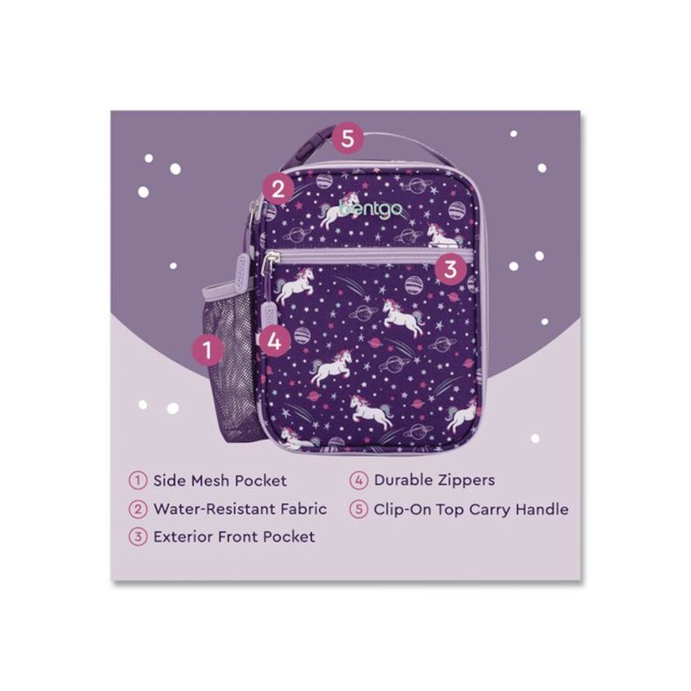 Kids Insulated Lunch Tote, Unicorns Theme, 7.3" x 3.5" x 9.5", Purple/Multicolor. Picture 6
