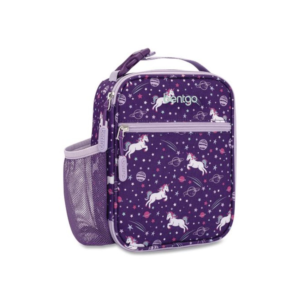 Kids Insulated Lunch Tote, Unicorns Theme, 7.3" x 3.5" x 9.5", Purple/Multicolor. Picture 1