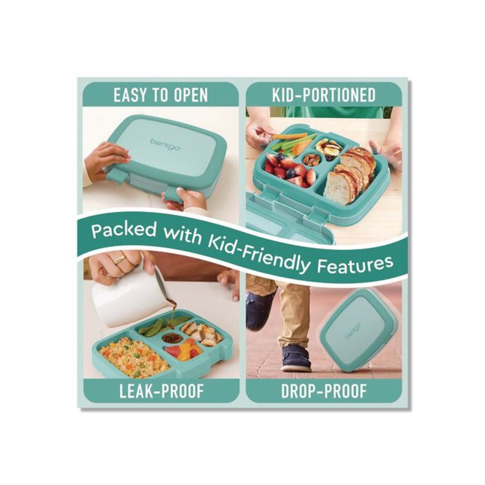 Kids Five-Compartment Bento Box, 8.5" x 6.5" x 2", Seafoam Green. Picture 4