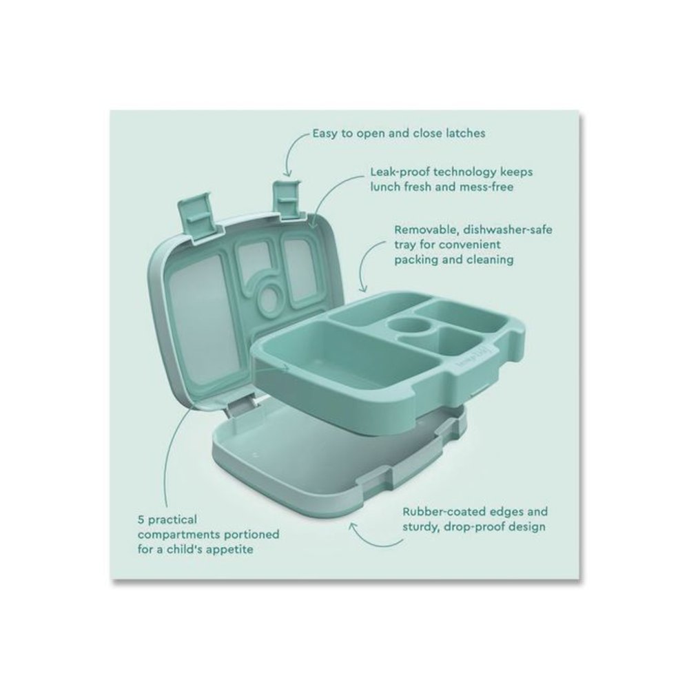 Kids Five-Compartment Bento Box, 8.5" x 6.5" x 2", Seafoam Green. Picture 5